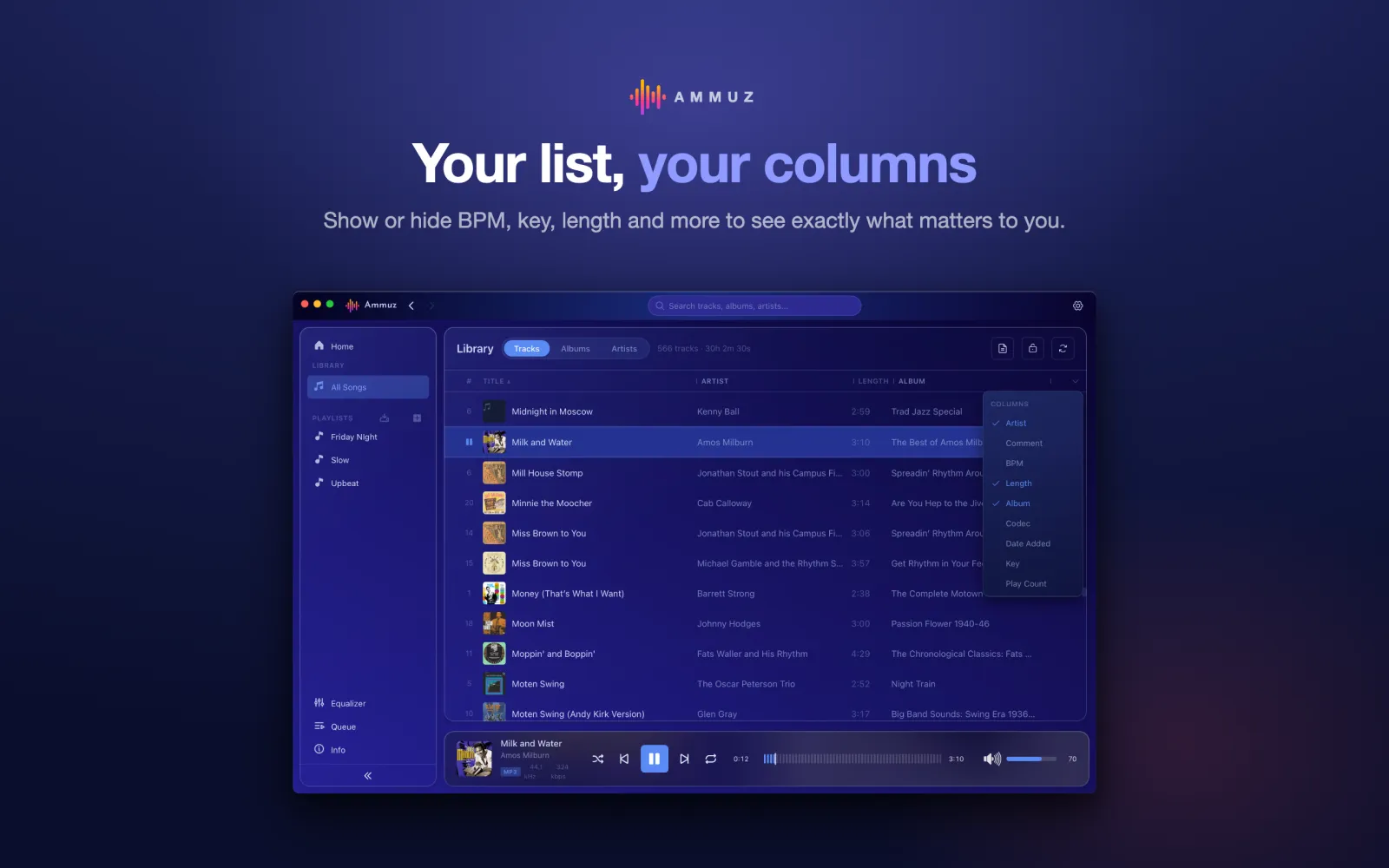 Ammuz column chooser showing BPM, key, length and more