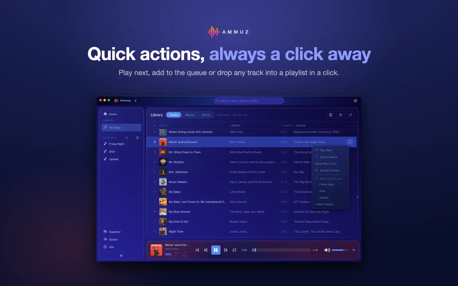 Ammuz track context menu with quick actions