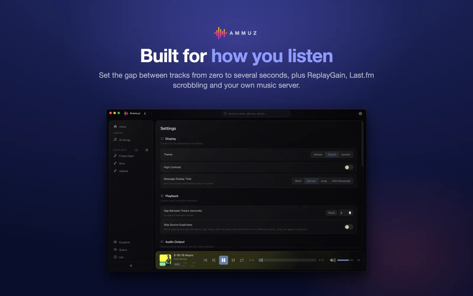 Ammuz settings showing playback, ReplayGain and scrobbling options