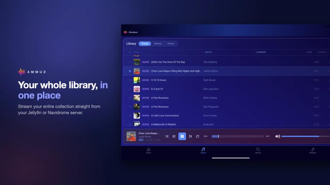 Ammuz on an Android tablet showing the full sortable track list with artist, comment, BPM and length columns
