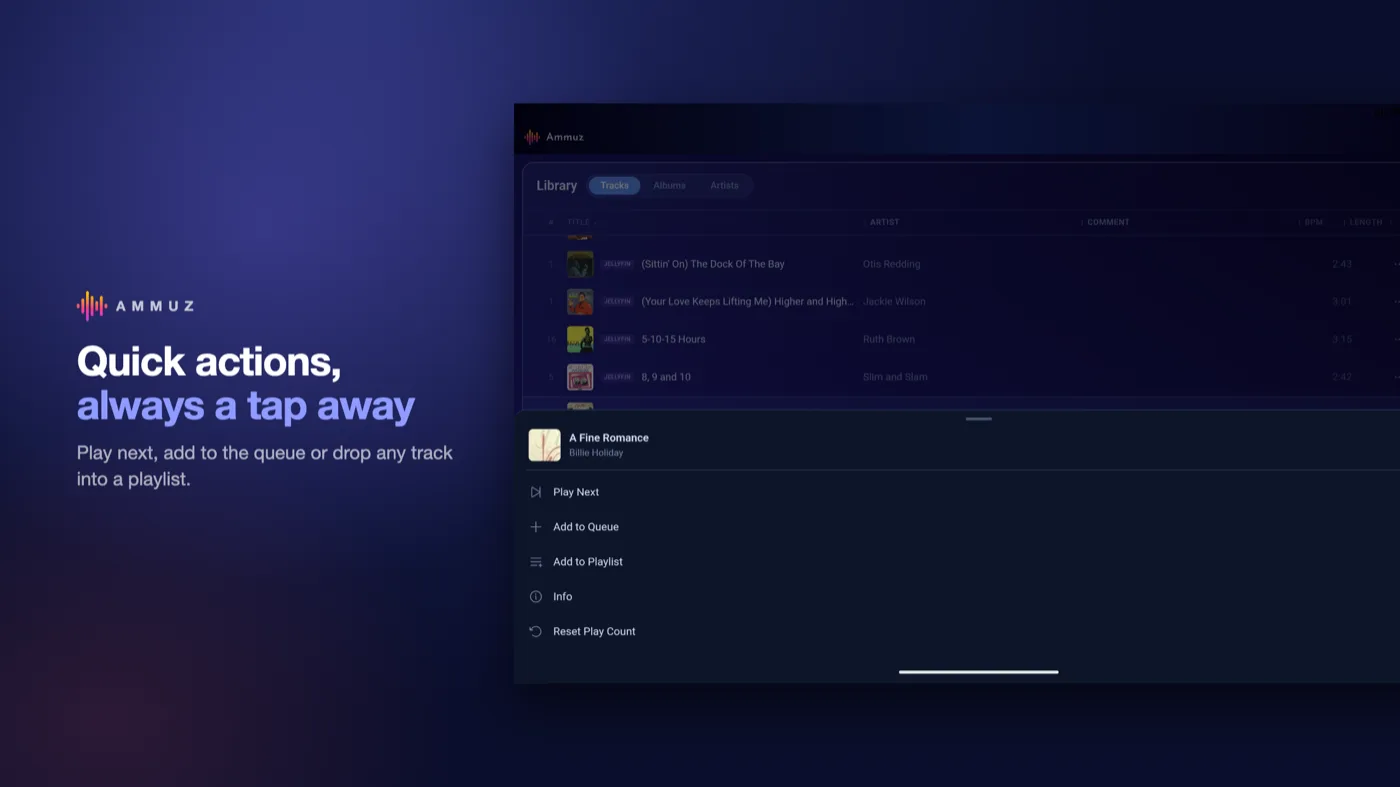 Ammuz on an Android tablet showing quick track actions
