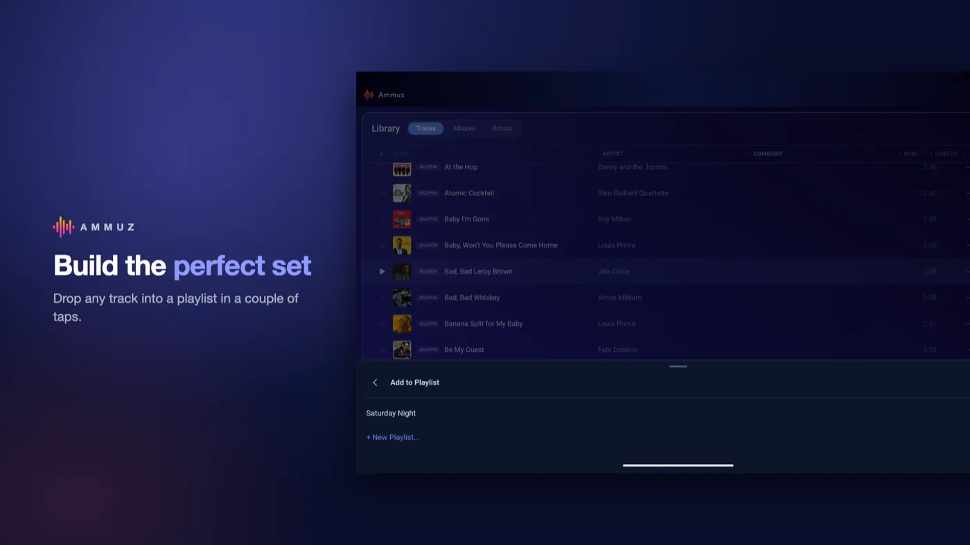 Ammuz on an Android tablet showing the add to playlist sheet over the library