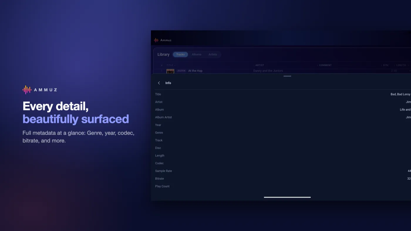 Ammuz on an Android tablet showing full track metadata