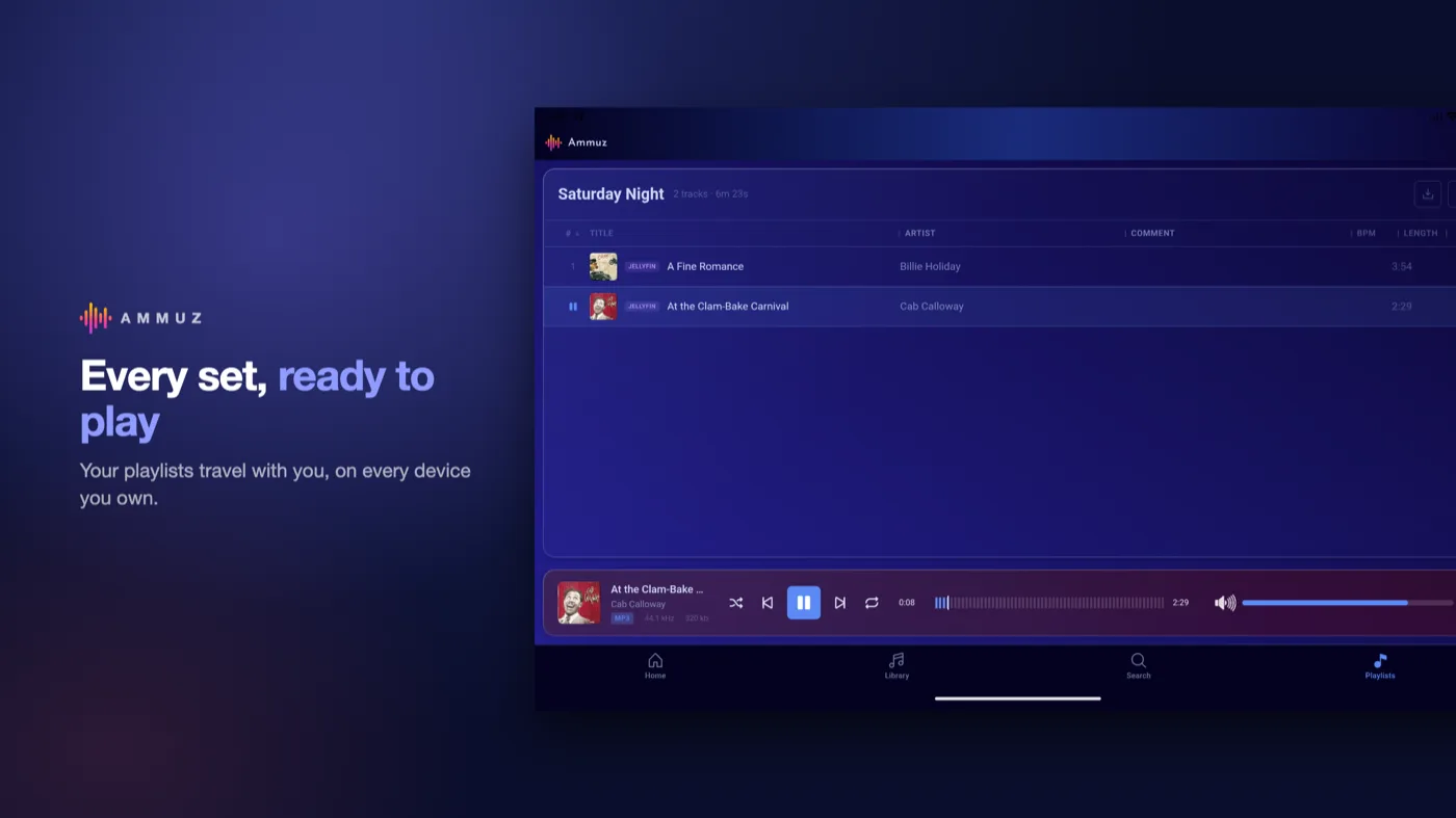 Ammuz on an Android tablet showing a playlist ready to play