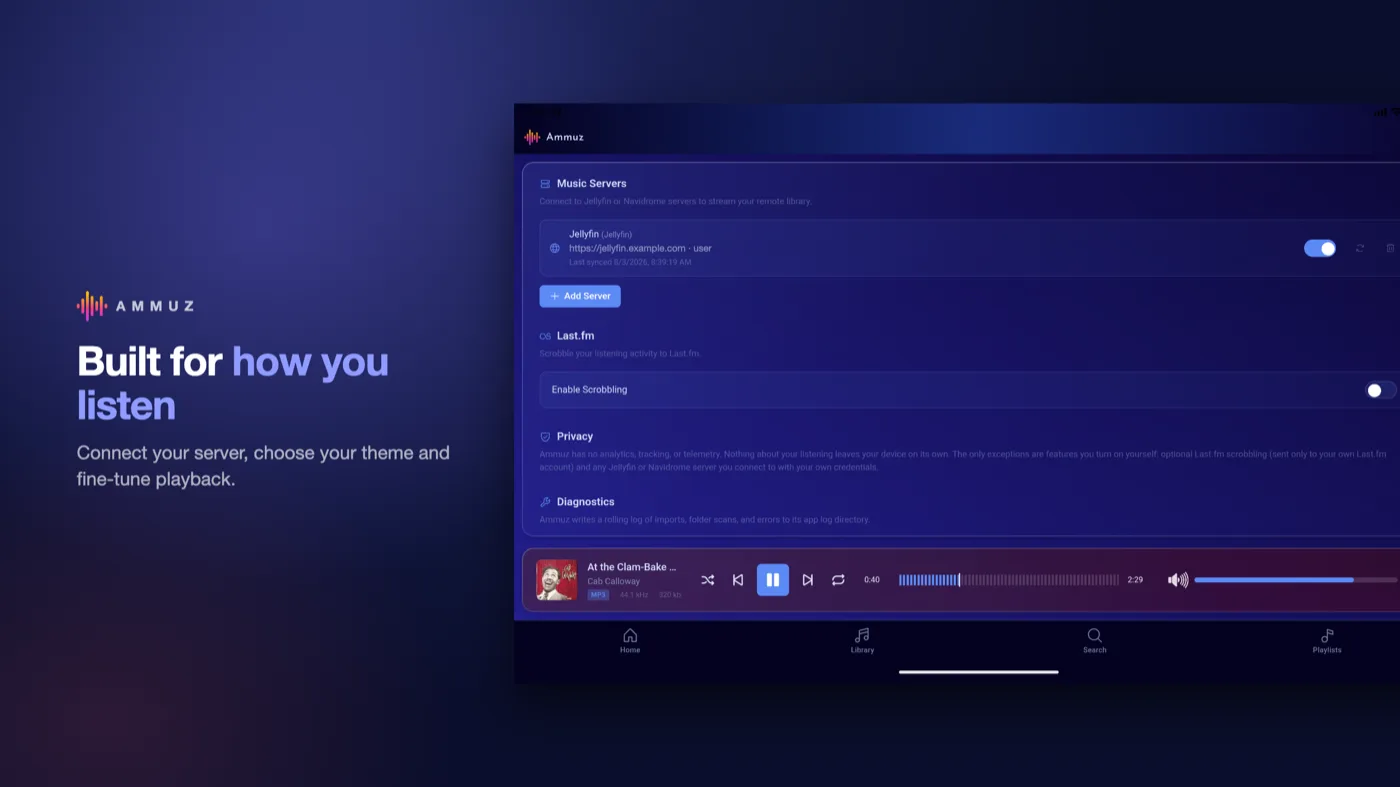 Ammuz settings on an Android tablet showing music servers, scrobbling and privacy