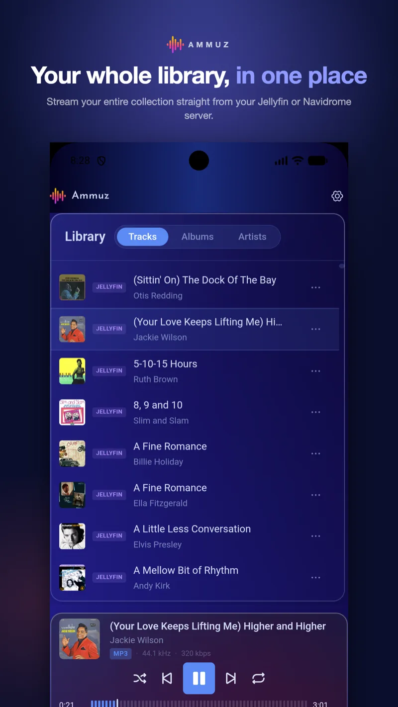 Ammuz on an Android phone showing the track list streamed from a Jellyfin server