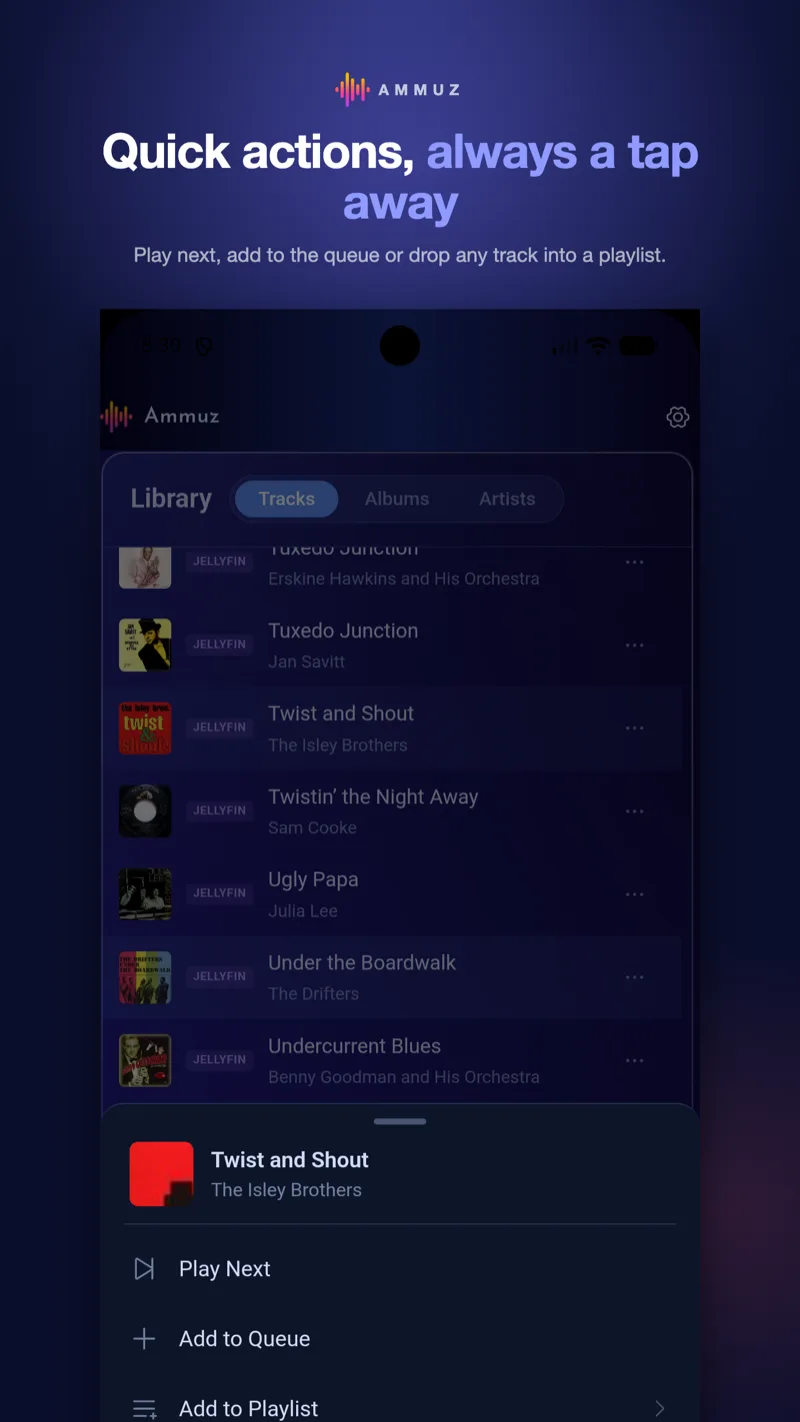 Ammuz on an Android phone showing the quick actions sheet: play next, add to queue, add to playlist