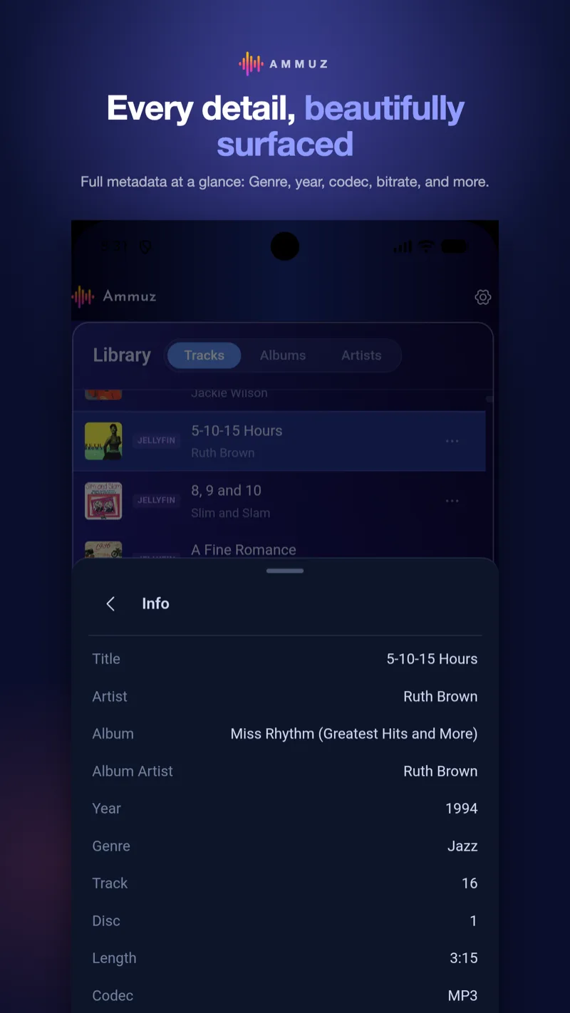 Ammuz on an Android phone showing the track info sheet with year, genre, codec and bitrate