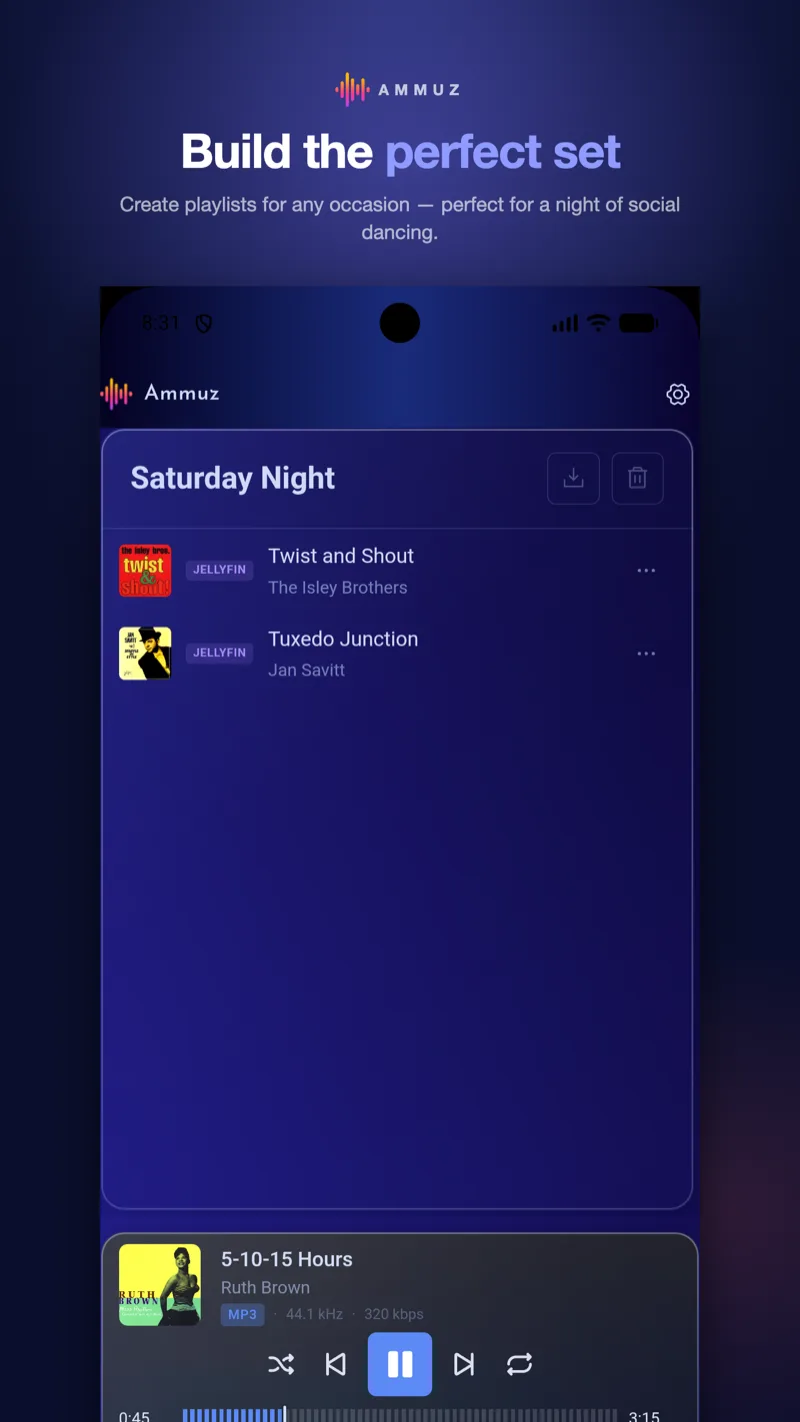 Ammuz on an Android phone showing a playlist with the now-playing bar below
