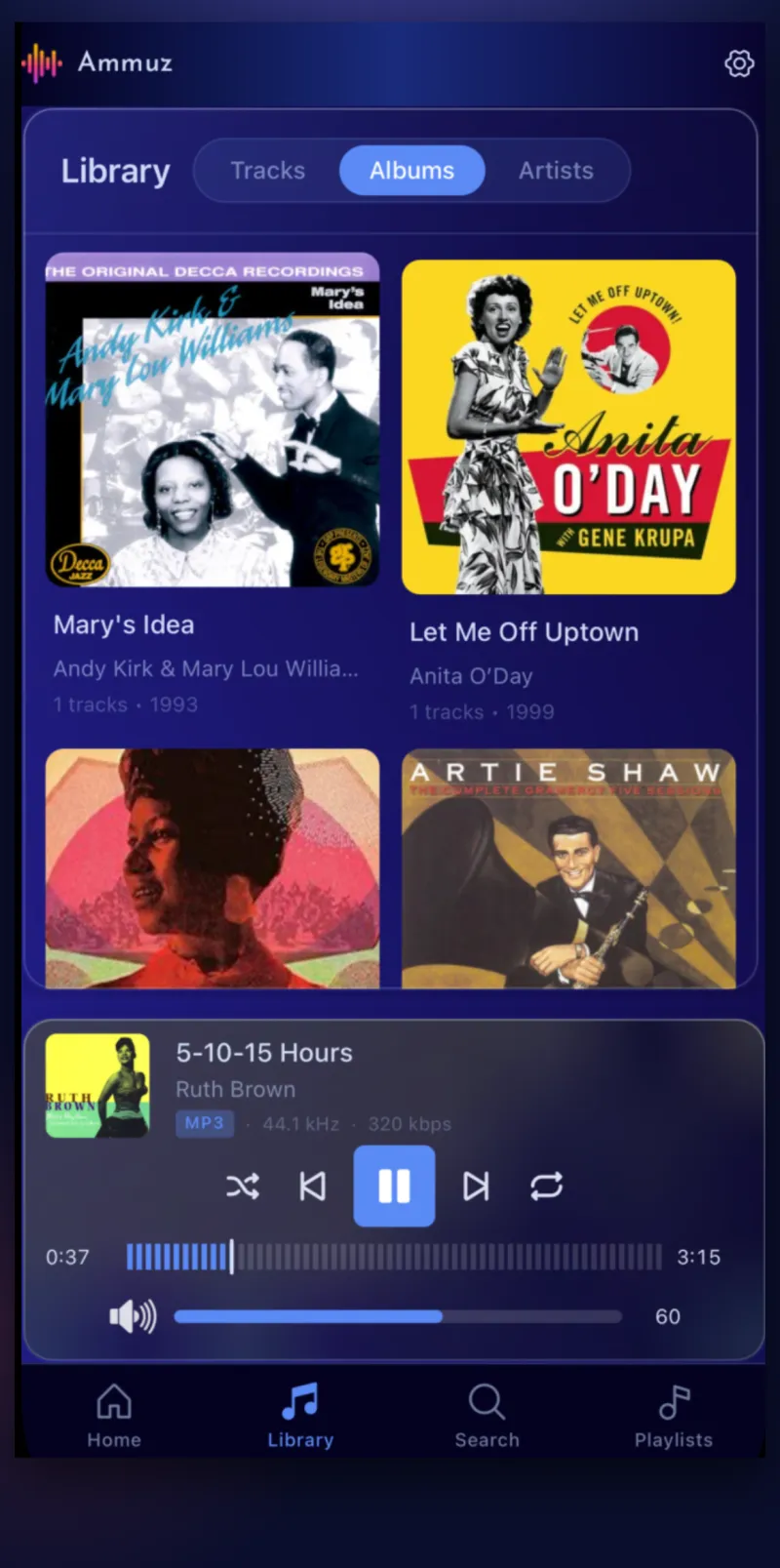Ammuz on iPhone showing the album grid streamed from a Jellyfin server