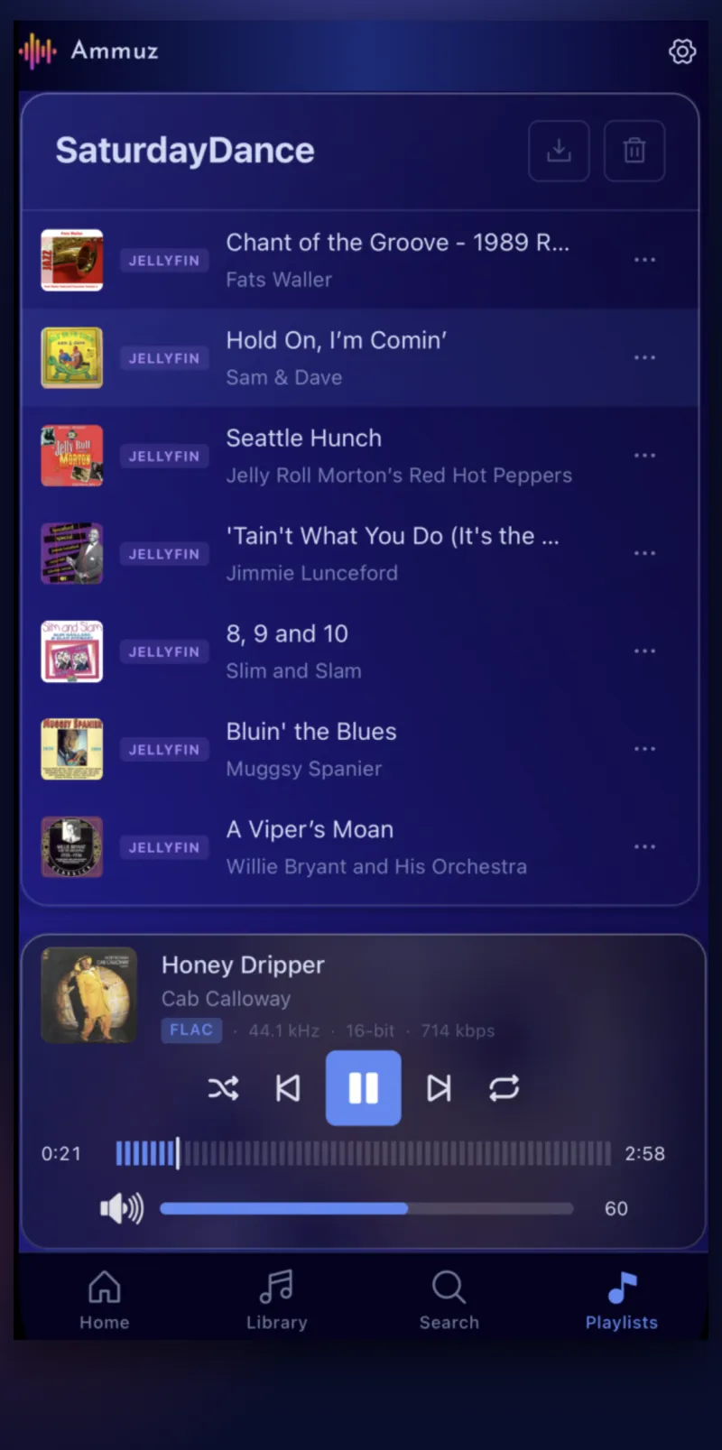 Ammuz on iPhone showing a playlist ready for a night of social dancing