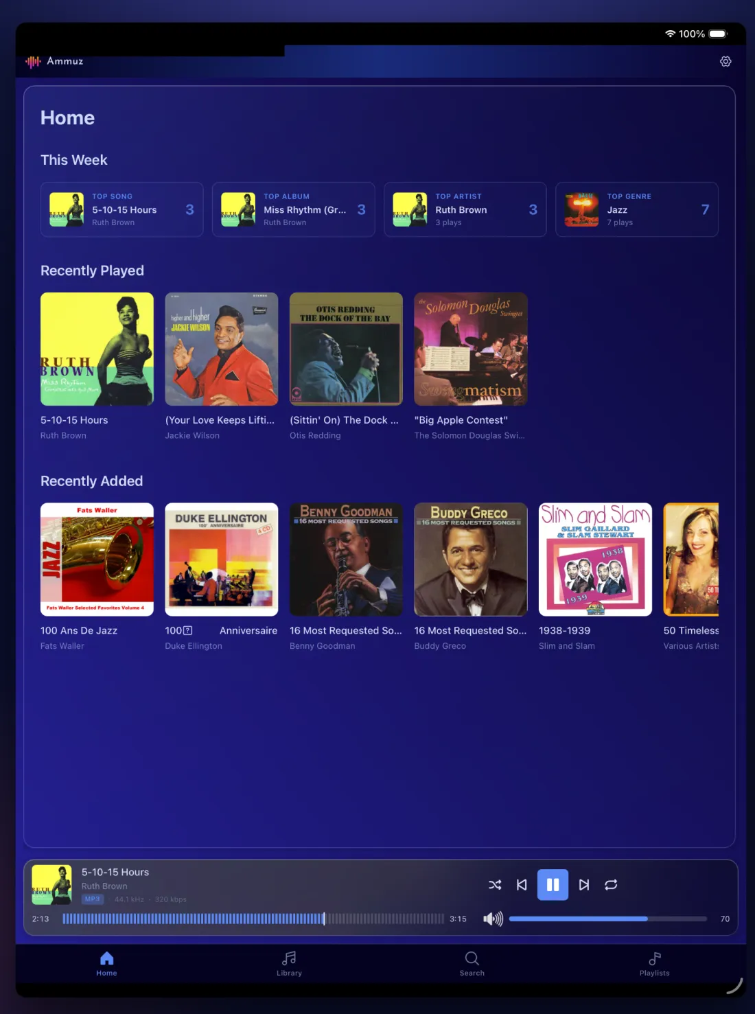 Ammuz on iPad showing the home view with top stats, recently played and recently added