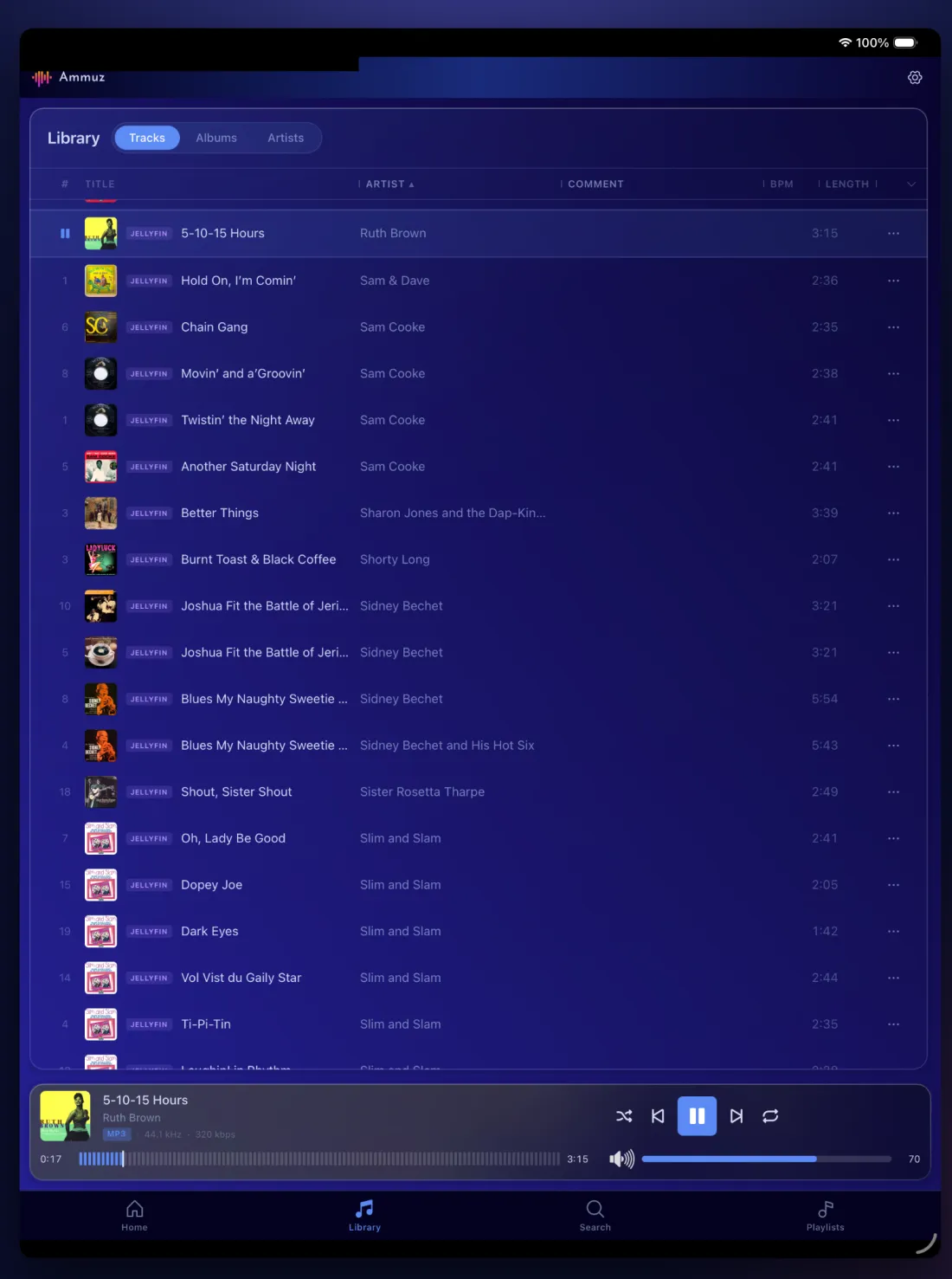 Ammuz on iPad showing the full track list with sortable columns