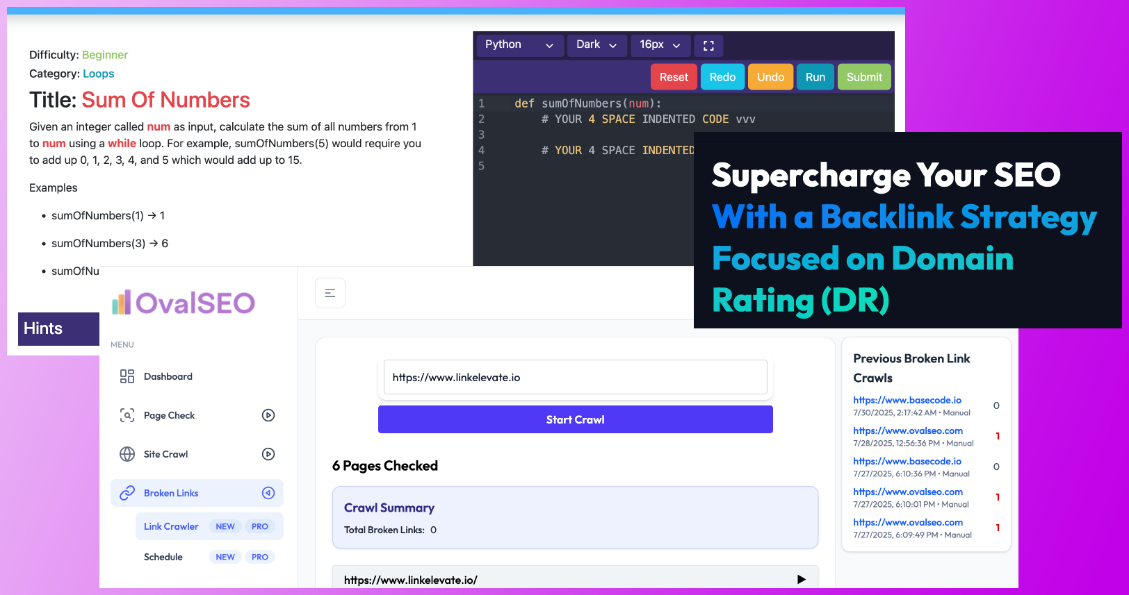 Screens from OvalSEO, BaseCode, and LinkElevate