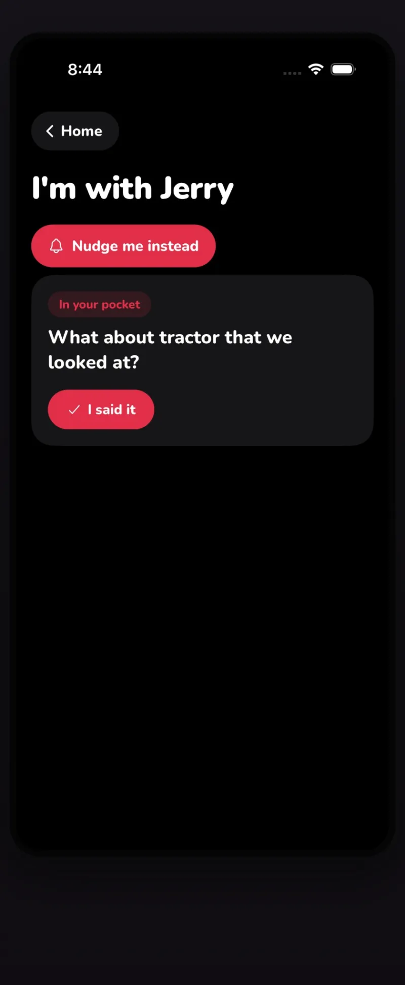 Sayzu person screen showing everything saved to say to Jerry