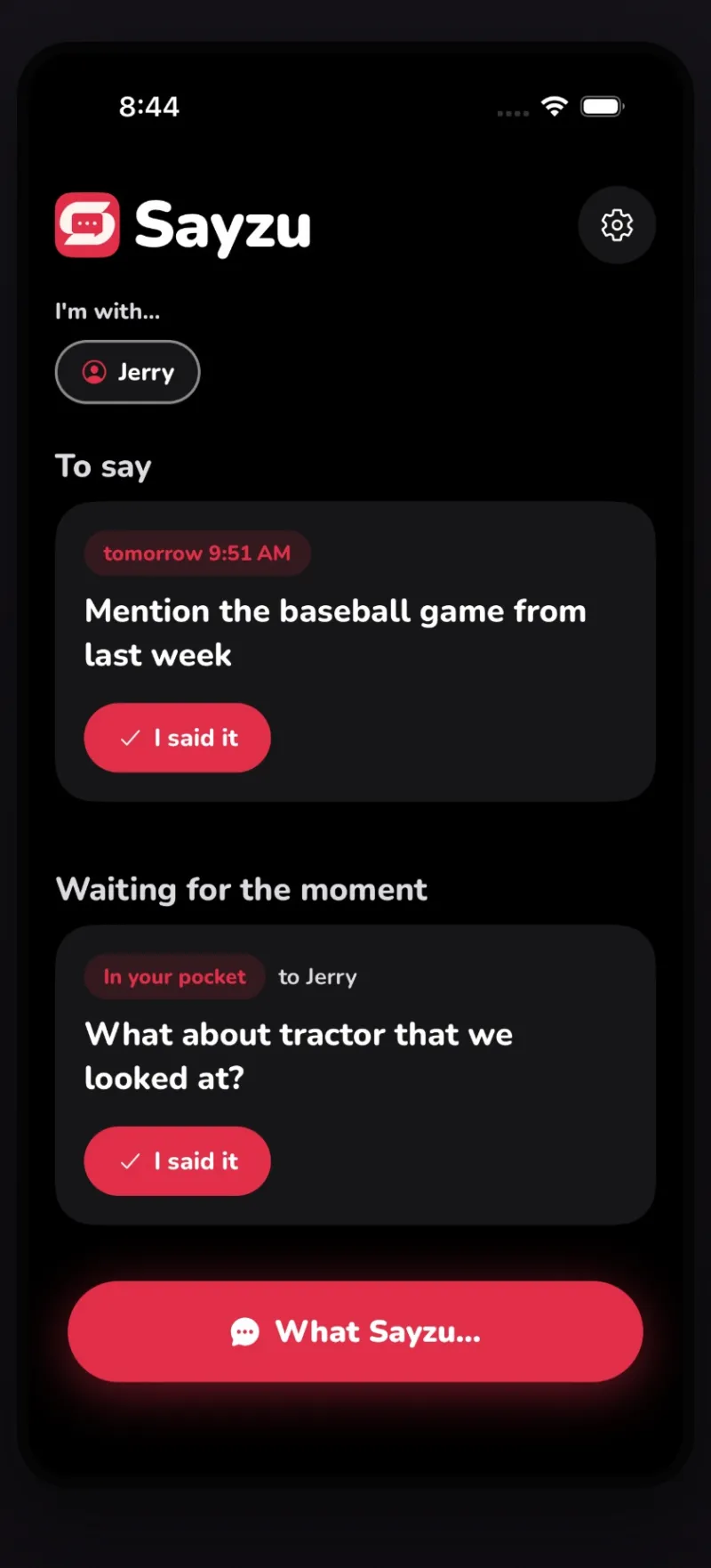 Sayzu home screen after capturing a thought with Siri