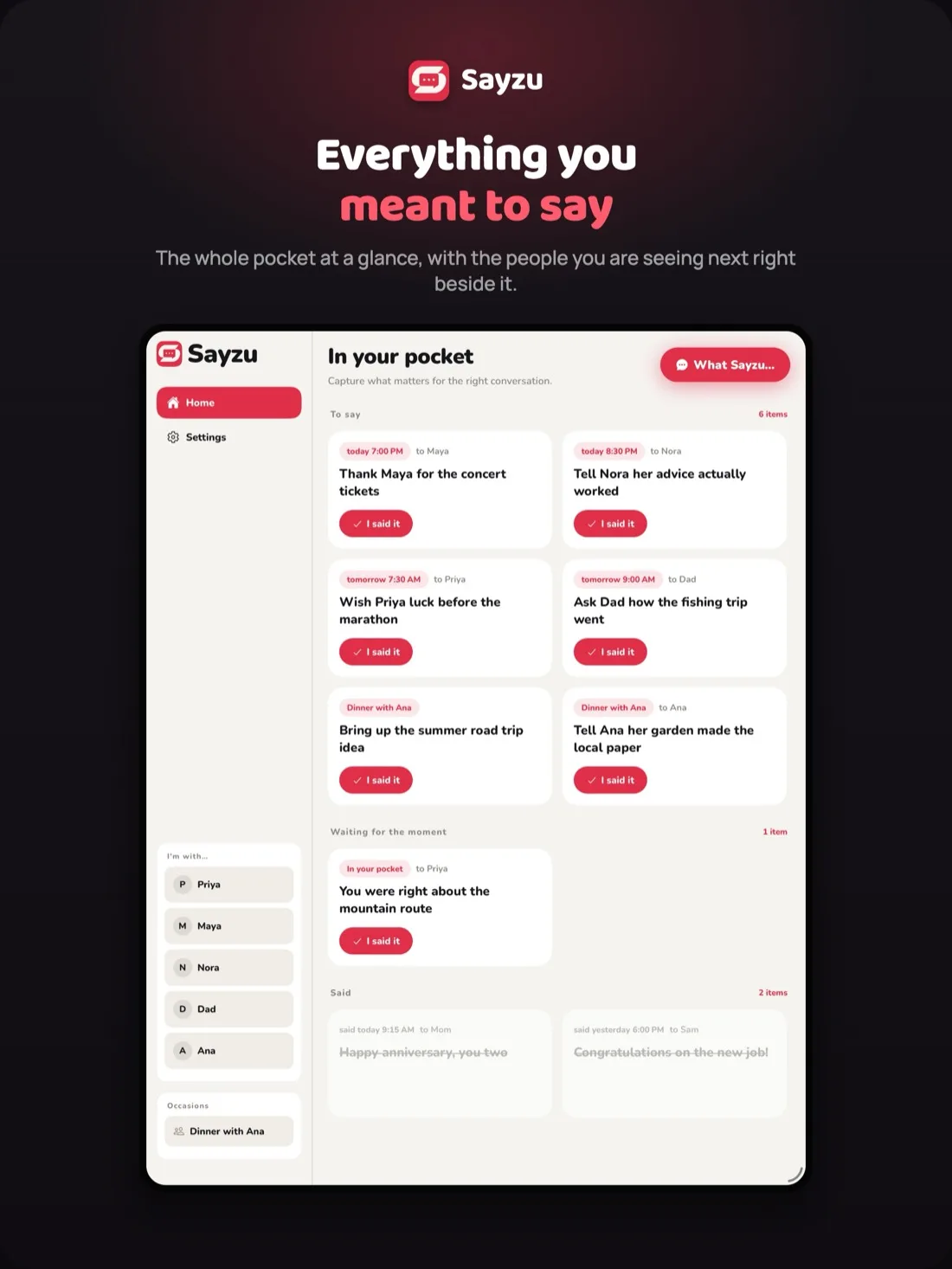 Sayzu on iPad showing the pocket beside the people and occasions sidebar