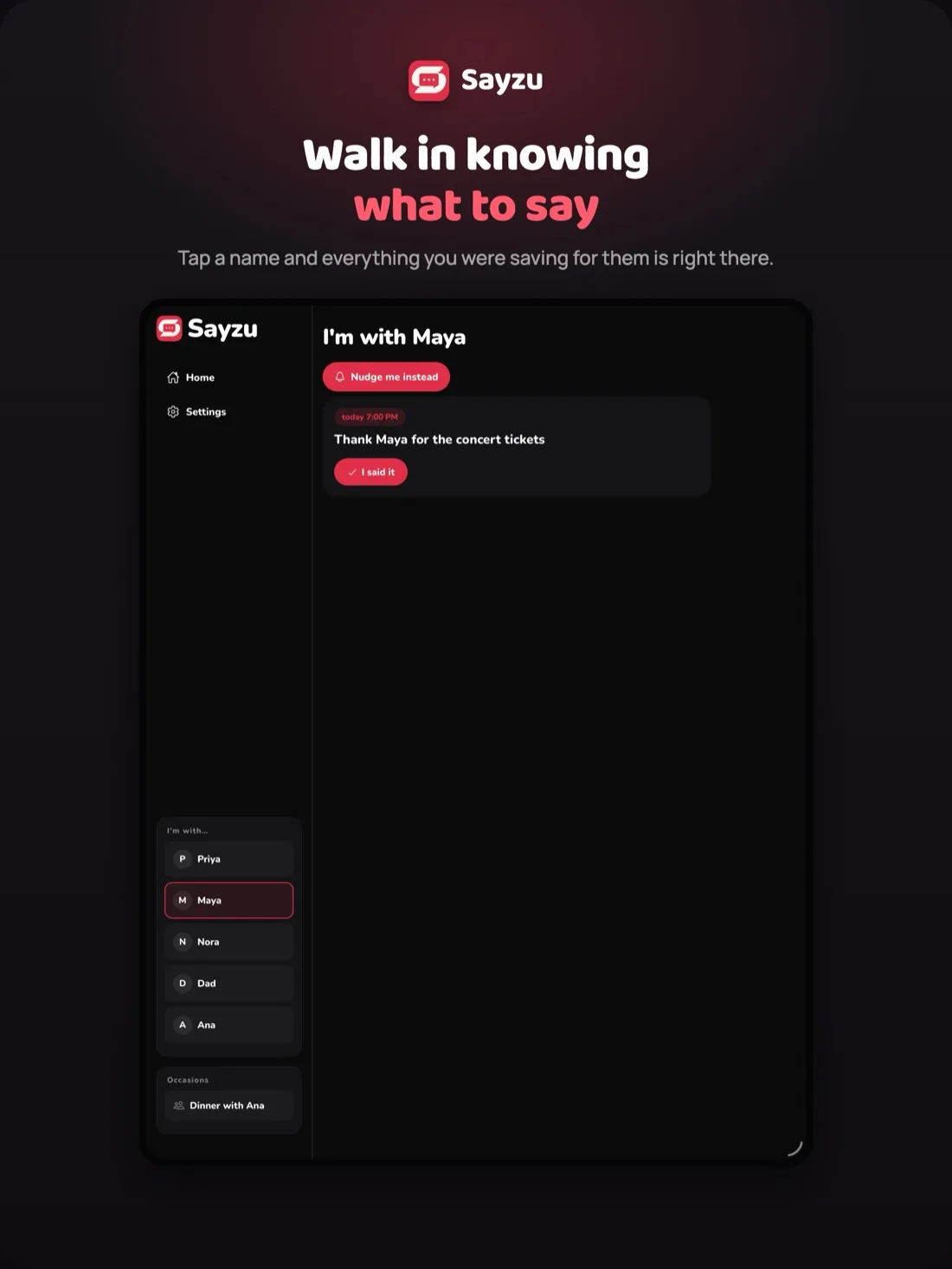 Sayzu on iPad showing everything saved to say to Maya